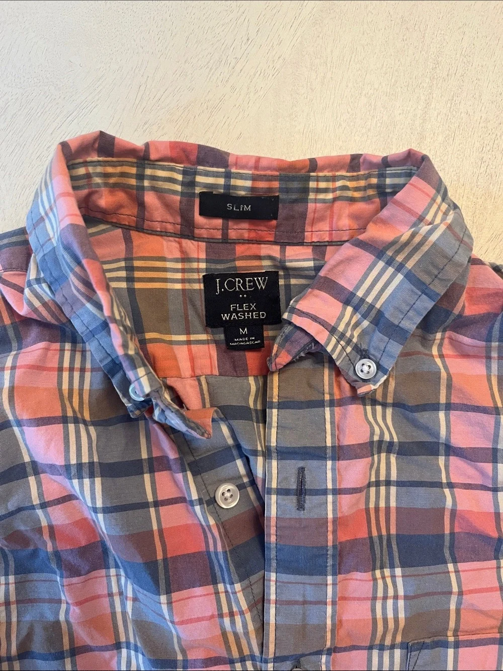 J. Crew Men’s Slim Flex Washed Pink and Blue Plaid Cotton Button-Down Shirt